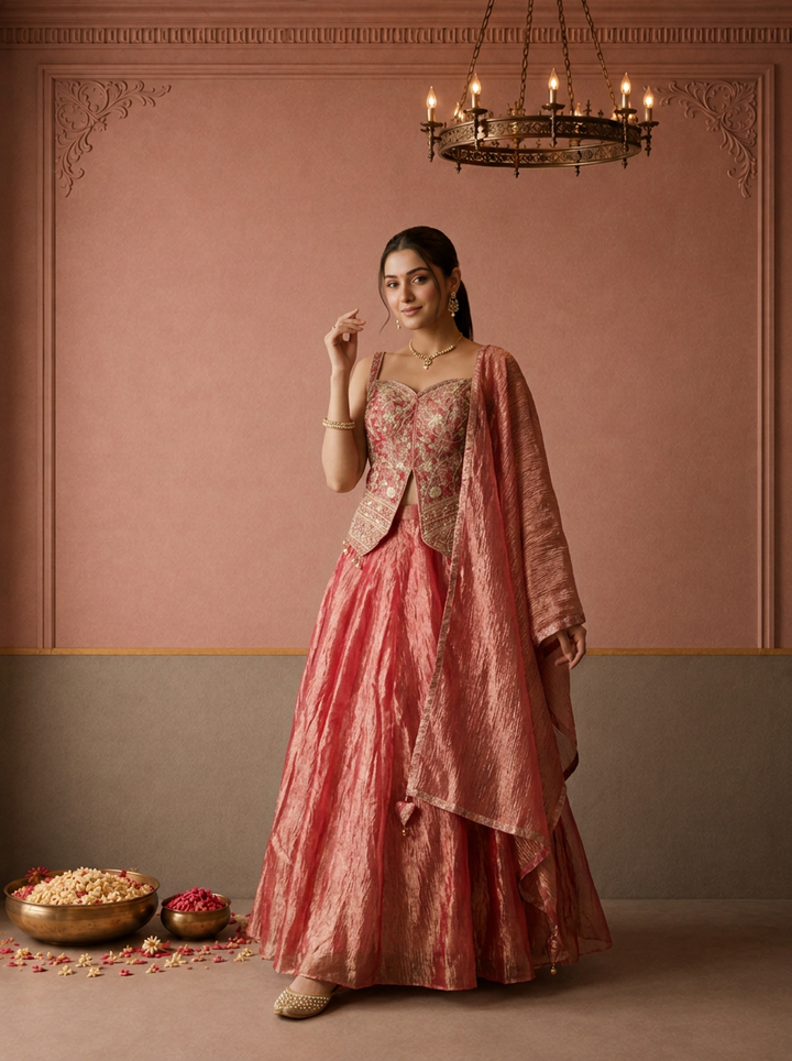 Rani Pink Tissue Floral Jaal Embroidered Ghagra Set