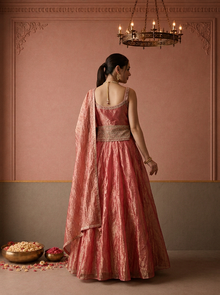 Rani Pink Tissue Floral Jaal Embroidered Ghagra Set