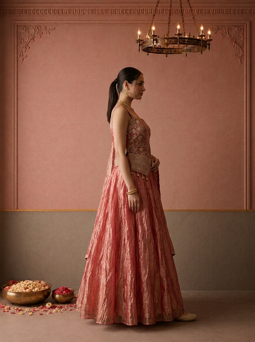 Rani Pink Tissue Floral Jaal Embroidered Ghagra Set
