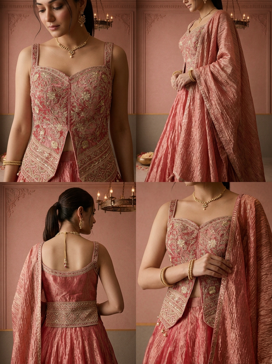 Rani Pink Tissue Floral Jaal Embroidered Ghagra Set