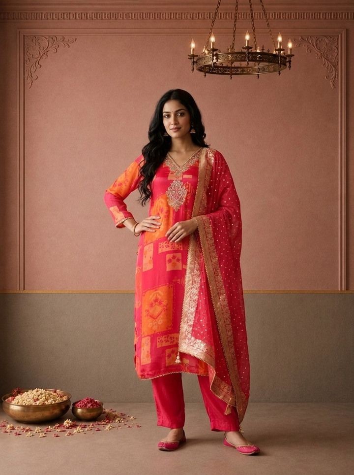 Magenta Crepe Geometric Patchwork Printed Three Piece Set