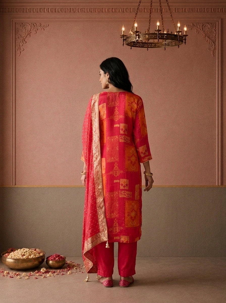 Magenta Crepe Geometric Patchwork Printed Three Piece Set