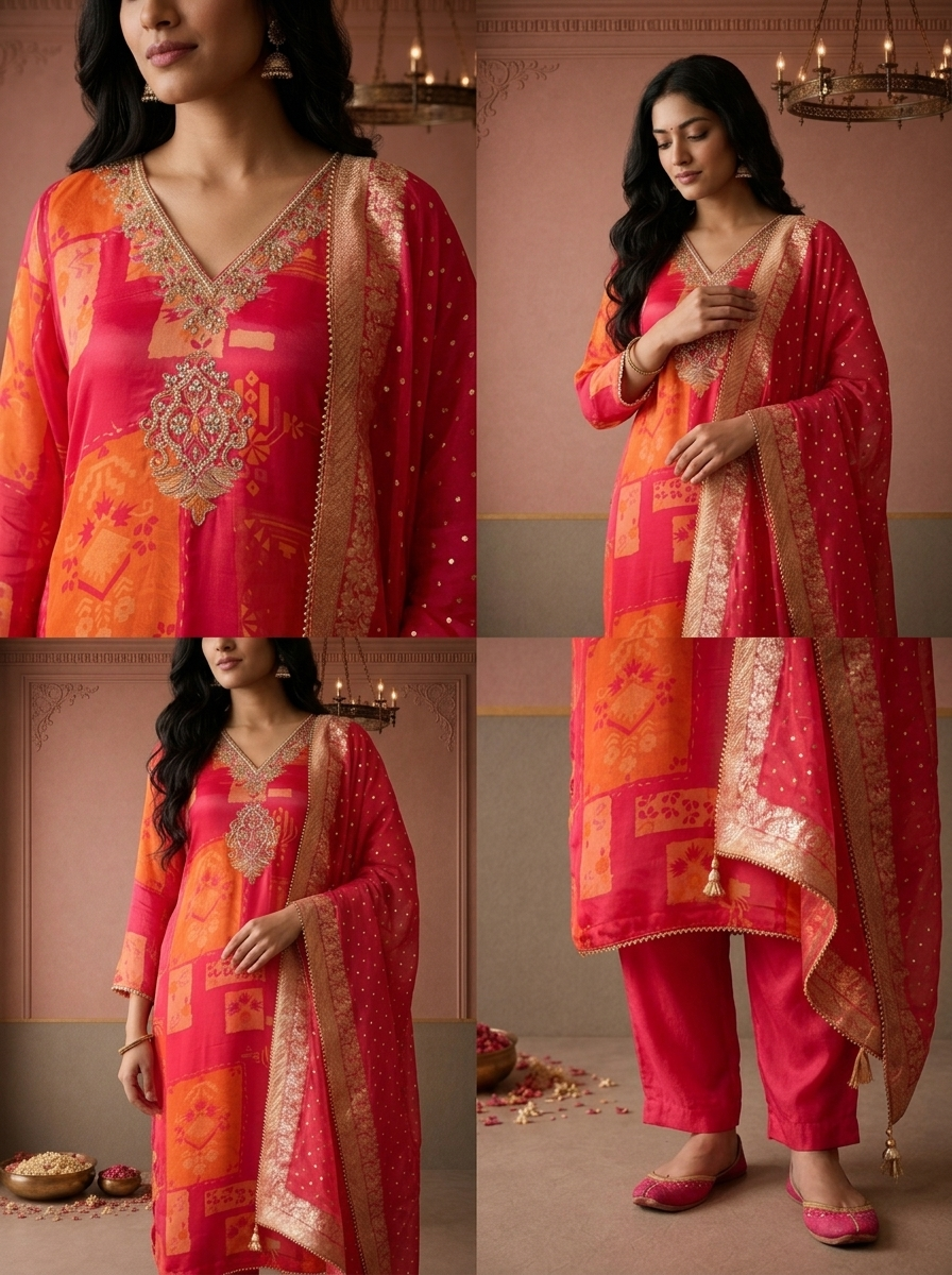 Magenta Crepe Geometric Patchwork Printed Three Piece Set