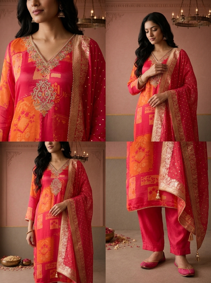 Magenta Crepe Geometric Patchwork Printed Three Piece Set