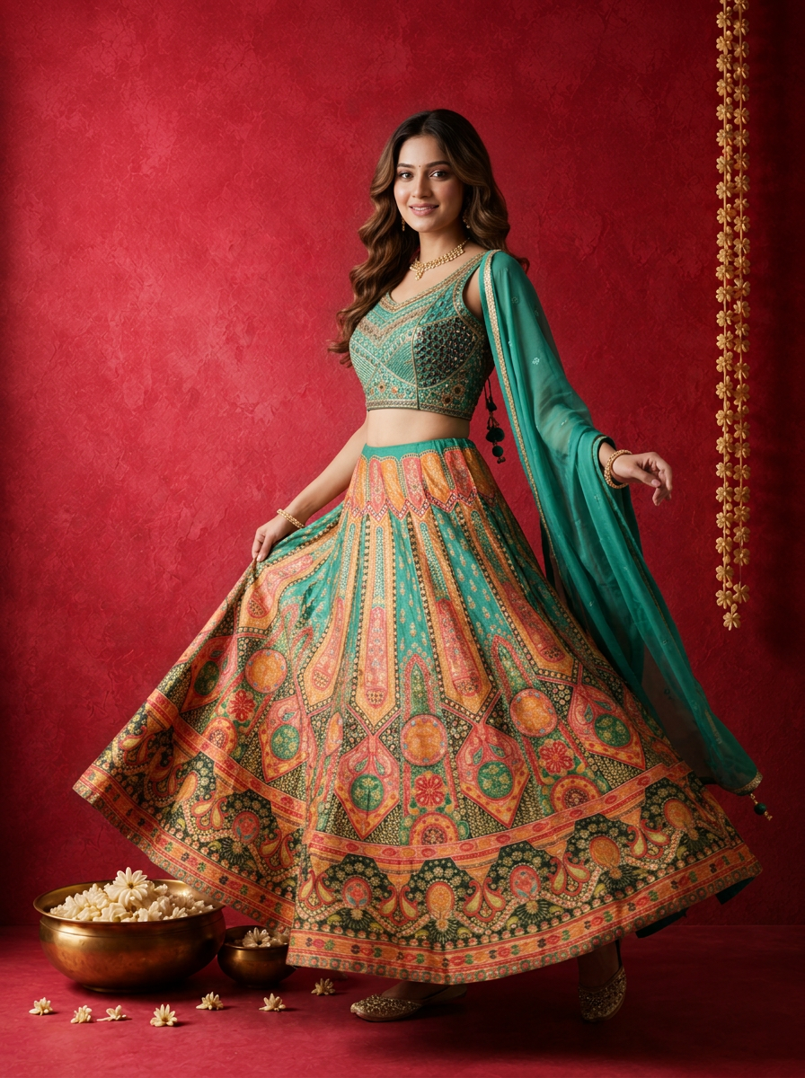 Rama Green Banaras Mughal motif Printed Ghagra Set