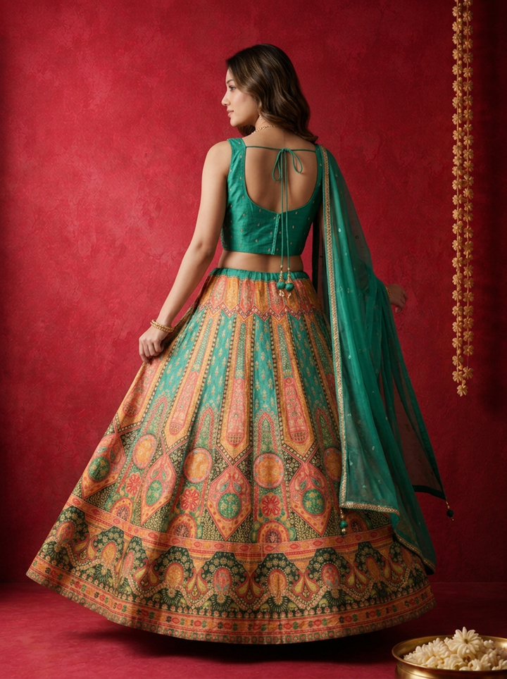 Rama Green Banaras Mughal motif Printed Ghagra Set