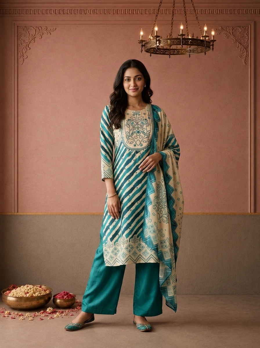 Rama Crepe Diagonal Leheriya Stripes Printed Three Piece Set