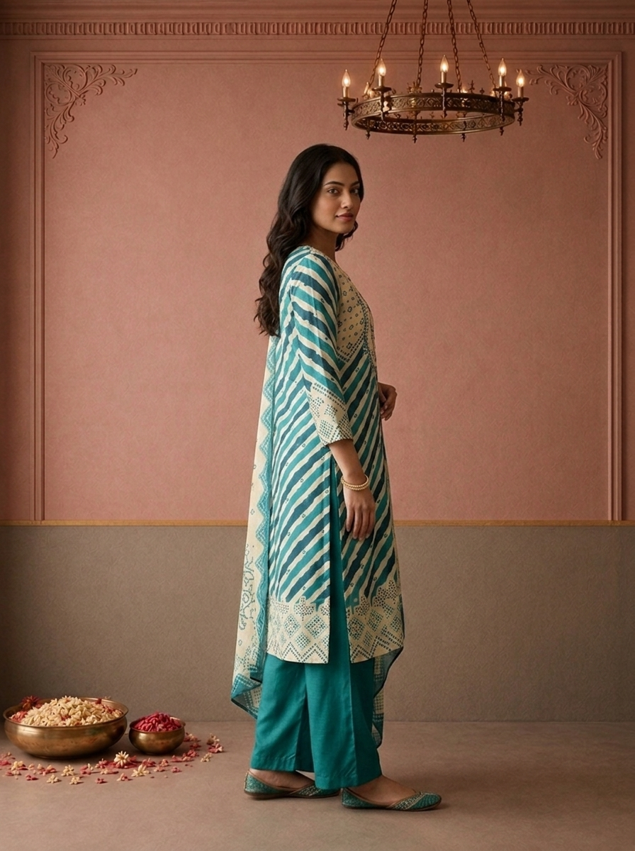 Rama Crepe Diagonal Leheriya Stripes Printed Three Piece Set