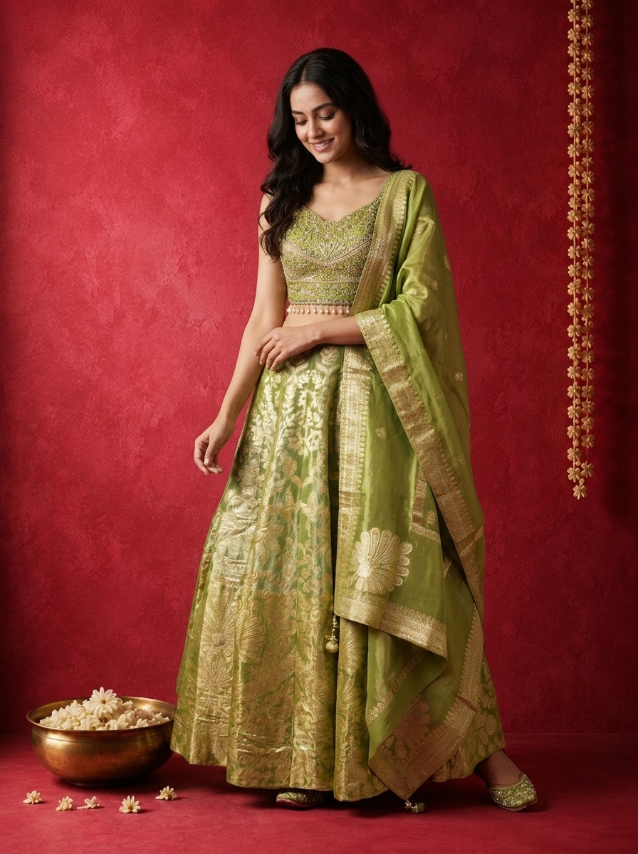 Mehadi Green Banaras Gold Zari Brocade Weaved Ghagra Set