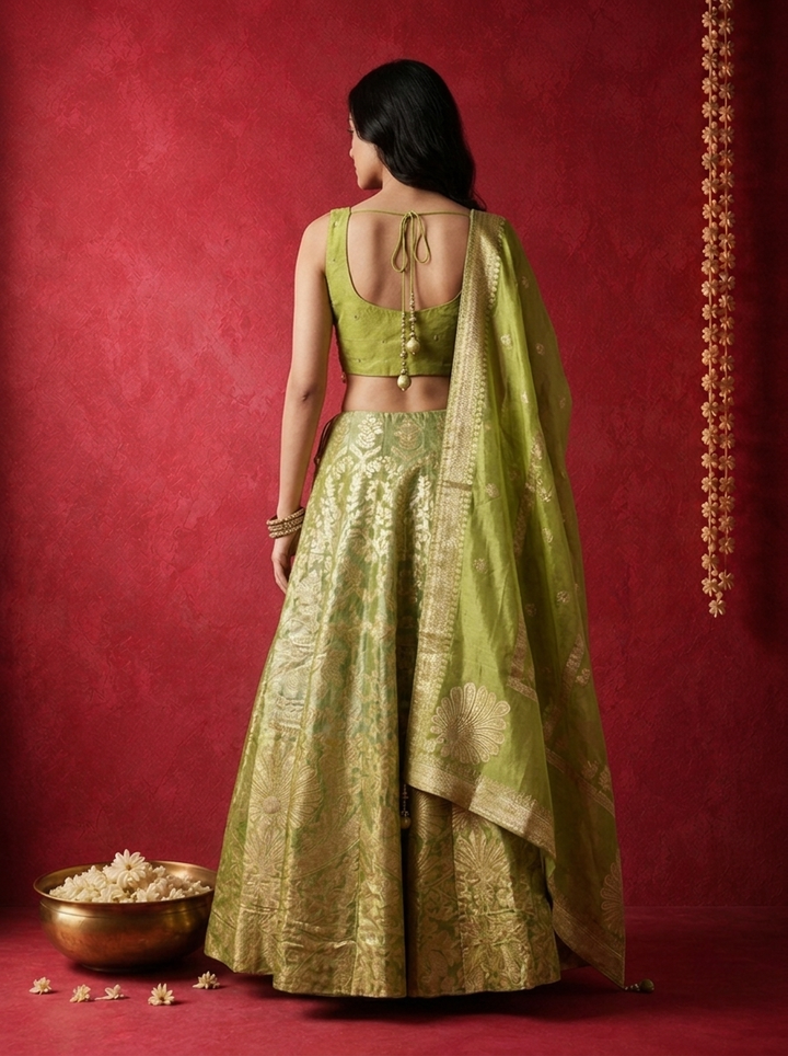 Mehadi Green Banaras Gold Zari Brocade Weaved Ghagra Set