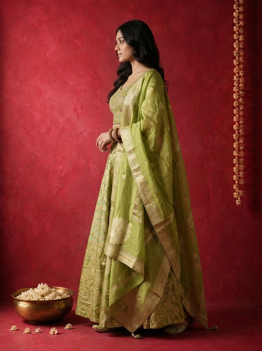 Mehadi Green Banaras Gold Zari Brocade Weaved Ghagra Set