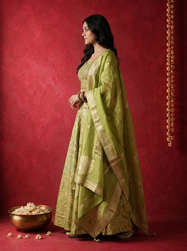 Mehadi Green Banaras Gold Zari Brocade Weaved Ghagra Set