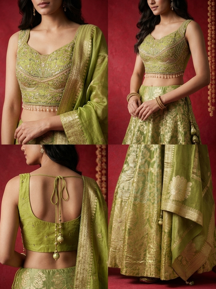 Mehadi Green Banaras Gold Zari Brocade Weaved Ghagra Set