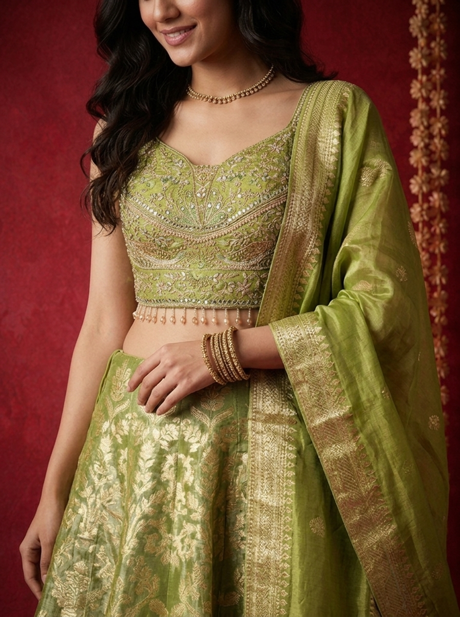 Mehadi Green Banaras Gold Zari Brocade Weaved Ghagra Set