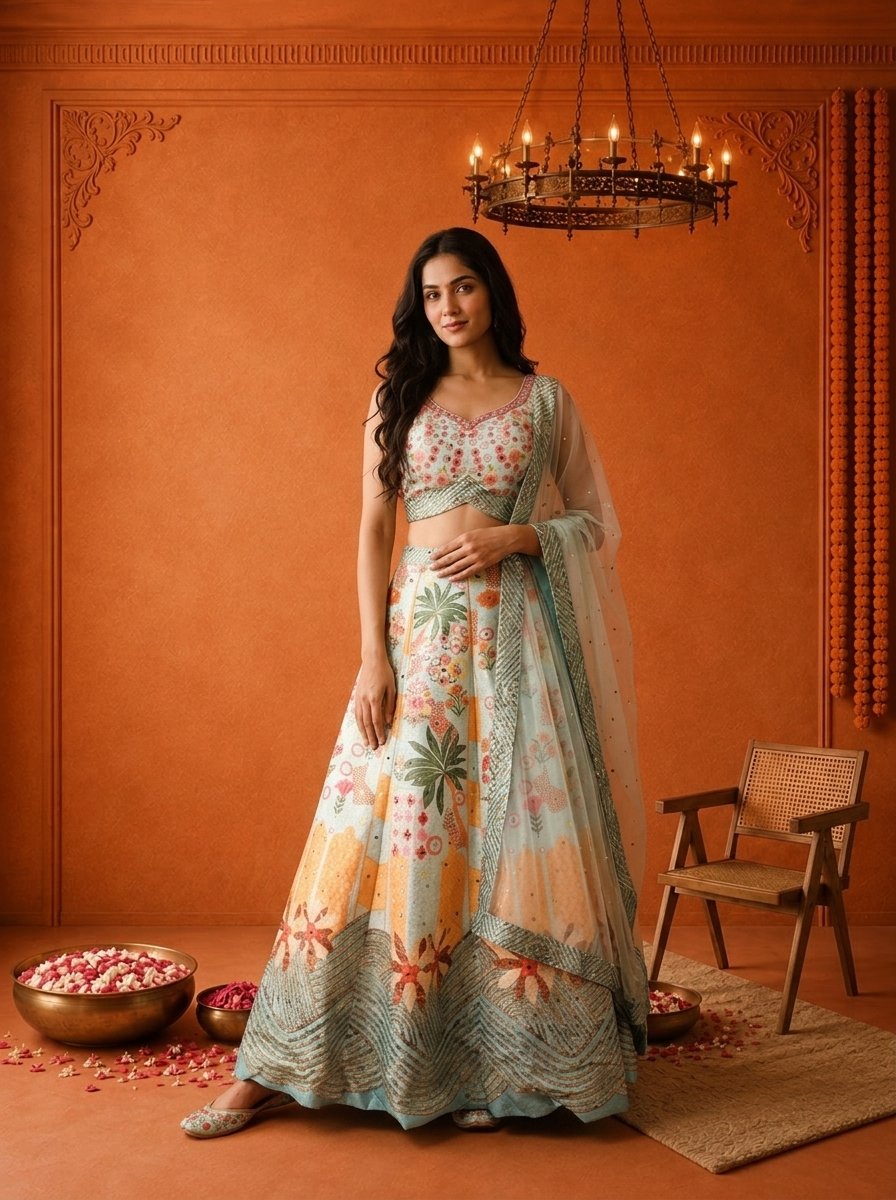 Sea Green Silk Tropical Floral Printed Ghagra Set