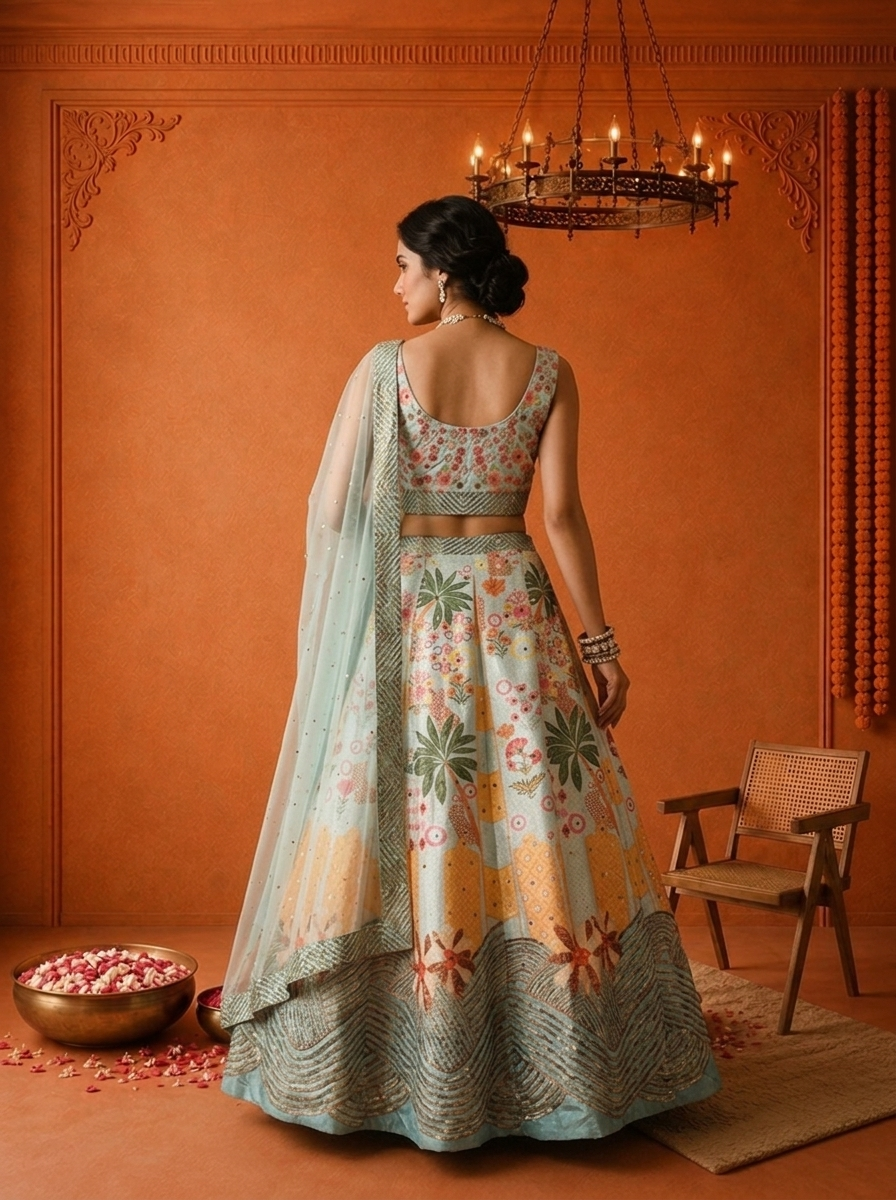 Sea Green Silk Tropical Floral Printed Ghagra Set