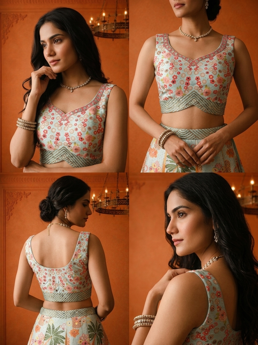 Sea Green Silk Tropical Floral Printed Ghagra Set