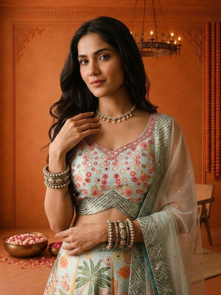 Sea Green Silk Tropical Floral Printed Ghagra Set