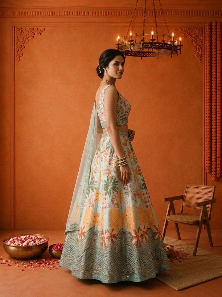 Sea Green Silk Tropical Floral Printed Ghagra Set