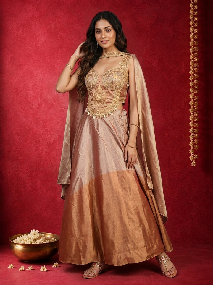Copper Rose Gold Tissue Zardozi Mandala Embroidered Ghagra Set