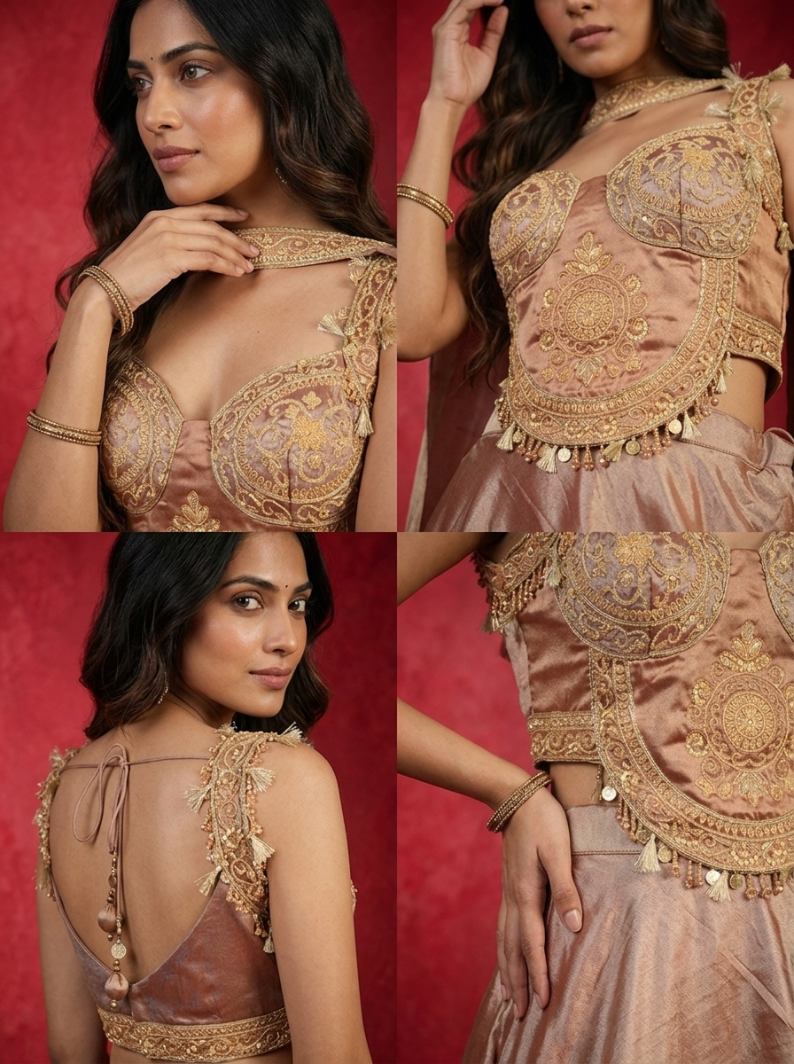 Copper Rose Gold Tissue Zardozi Mandala Embroidered Ghagra Set