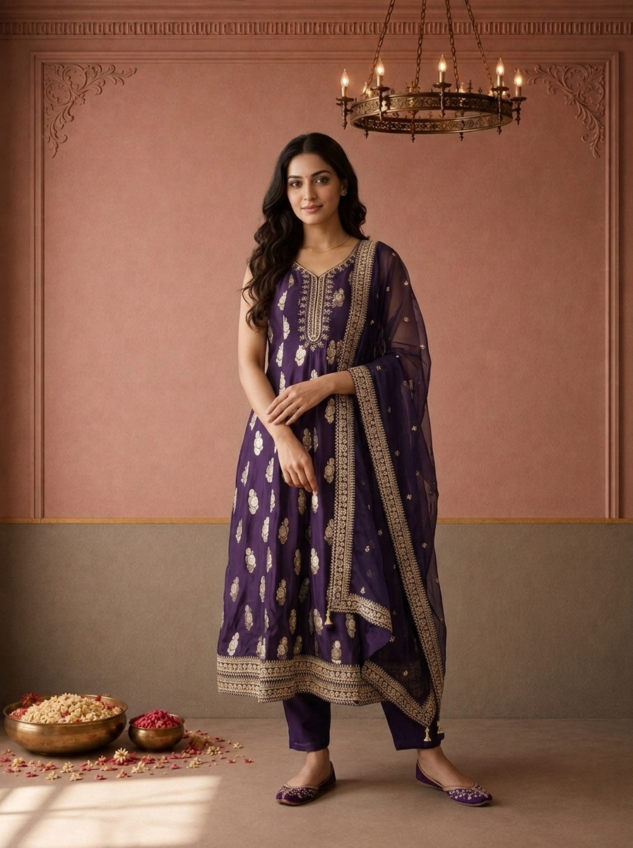 Purple Silk Zari Butta Weaved Three Piece Set