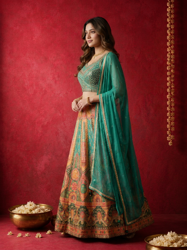 Rama Green Banaras Mughal motif Printed Ghagra Set