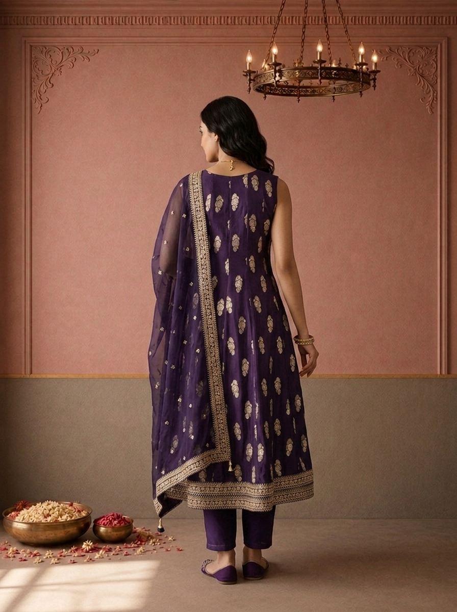 Purple Silk Zari Butta Weaved Three Piece Set
