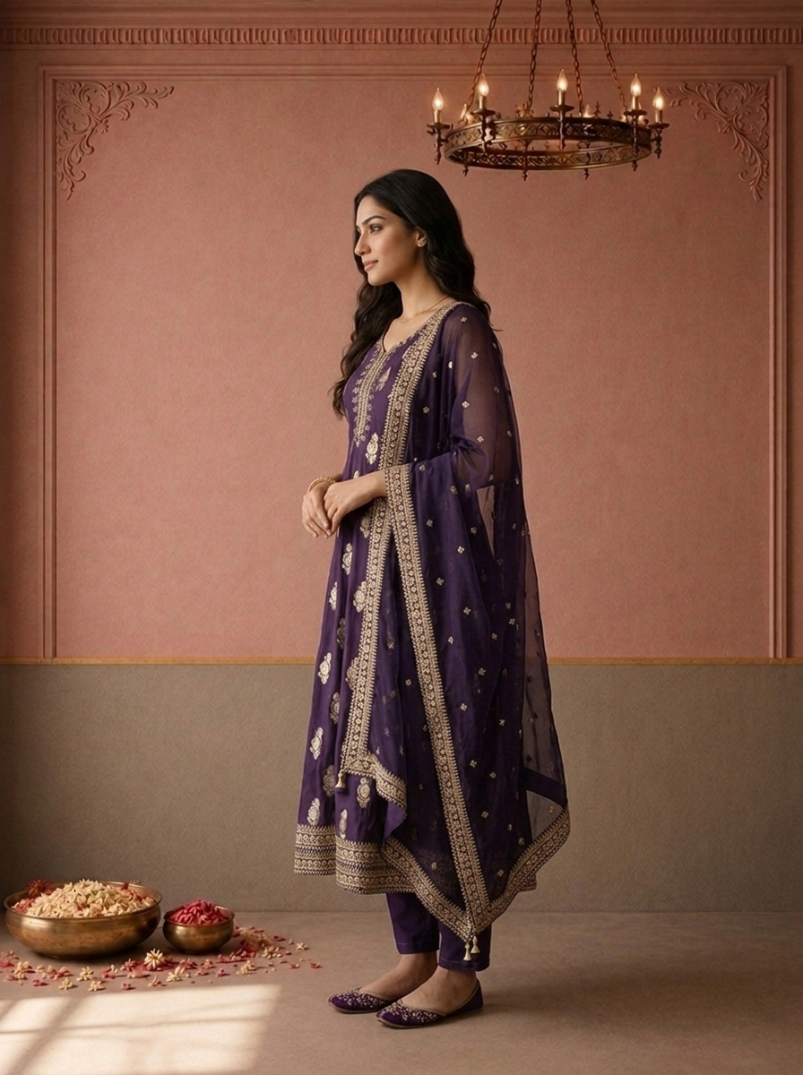 Purple Silk Zari Butta Weaved Three Piece Set