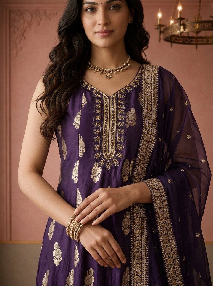 Purple Silk Zari Butta Weaved Three Piece Set