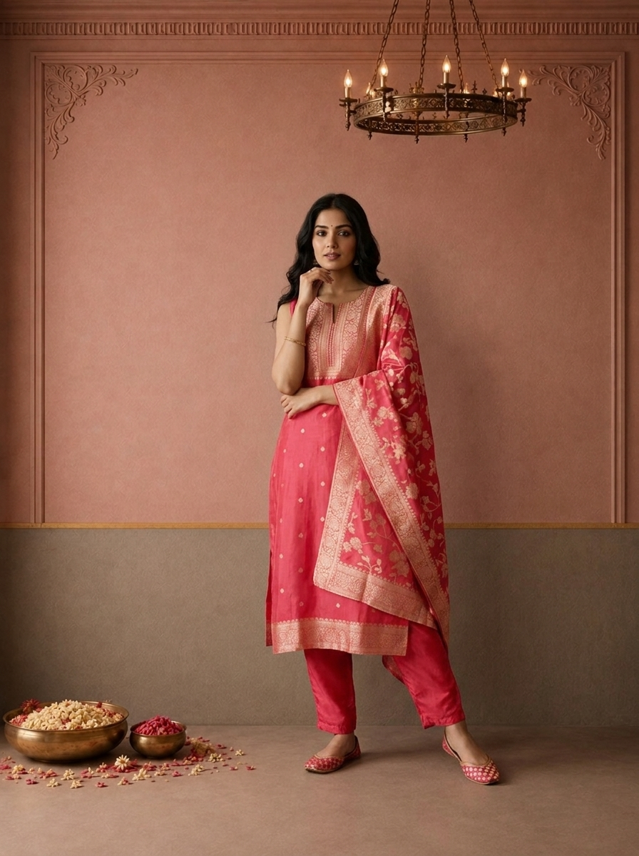 Pink Silk Zari Butta Weaved Three Piece Set