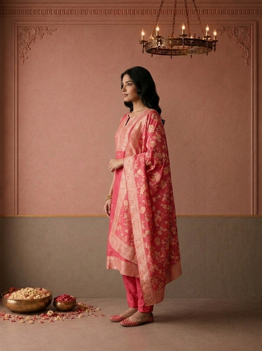 Pink Silk Zari Butta Weaved Three Piece Set