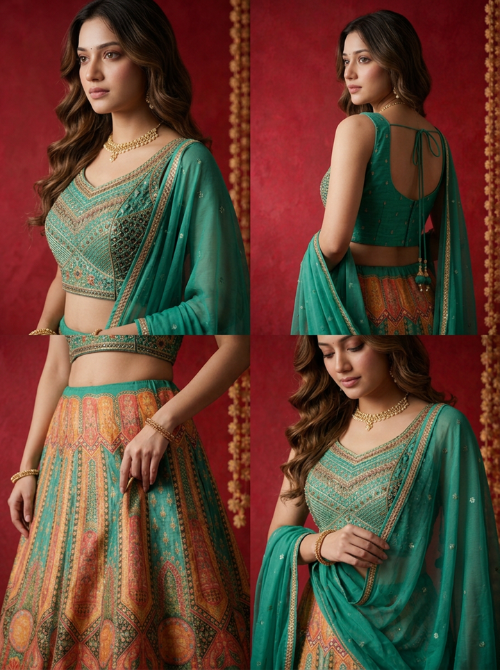 Rama Green Banaras Mughal motif Printed Ghagra Set