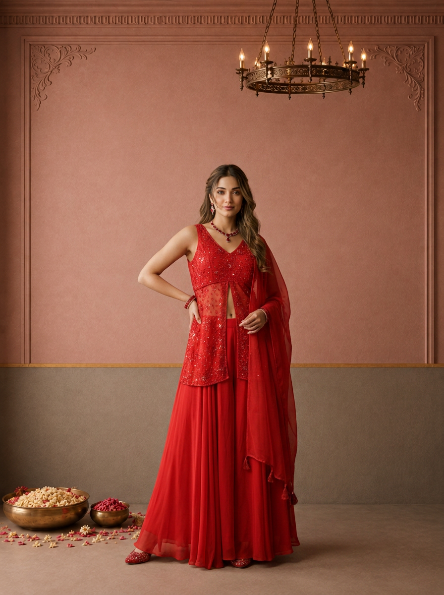 Red Georgette Cutdana Sequin Jaal Embroidered Three Piece Set