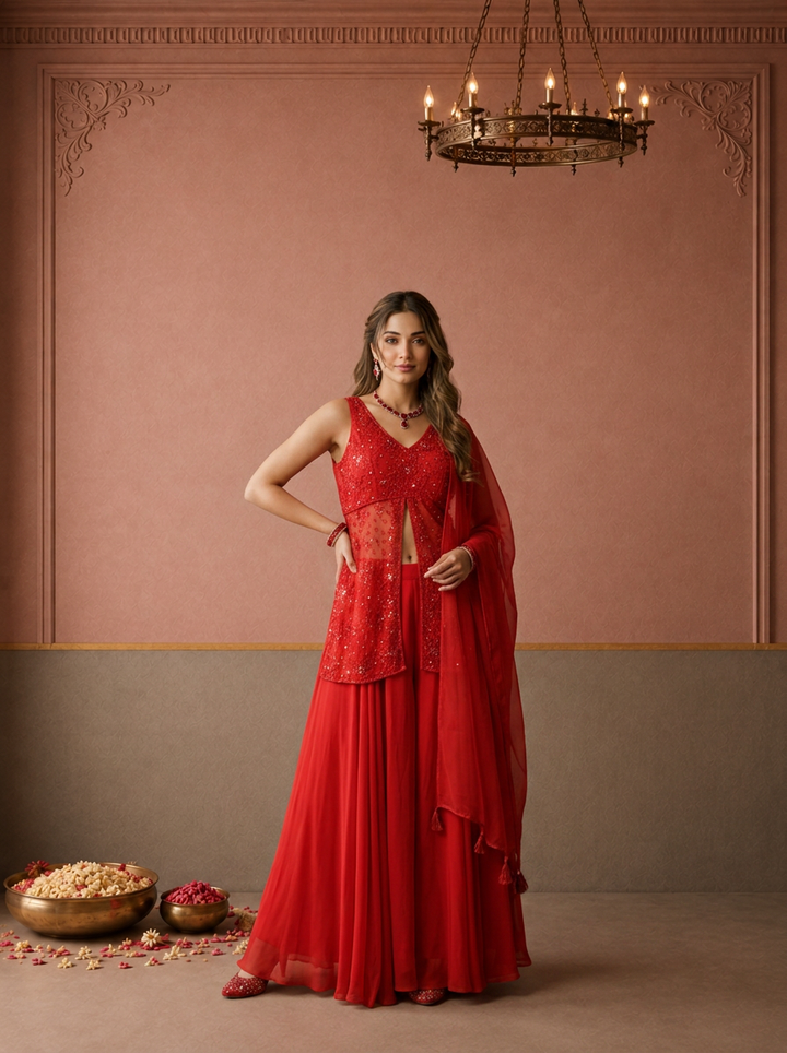 Red Georgette Cutdana Sequin Jaal Embroidered Three Piece Set