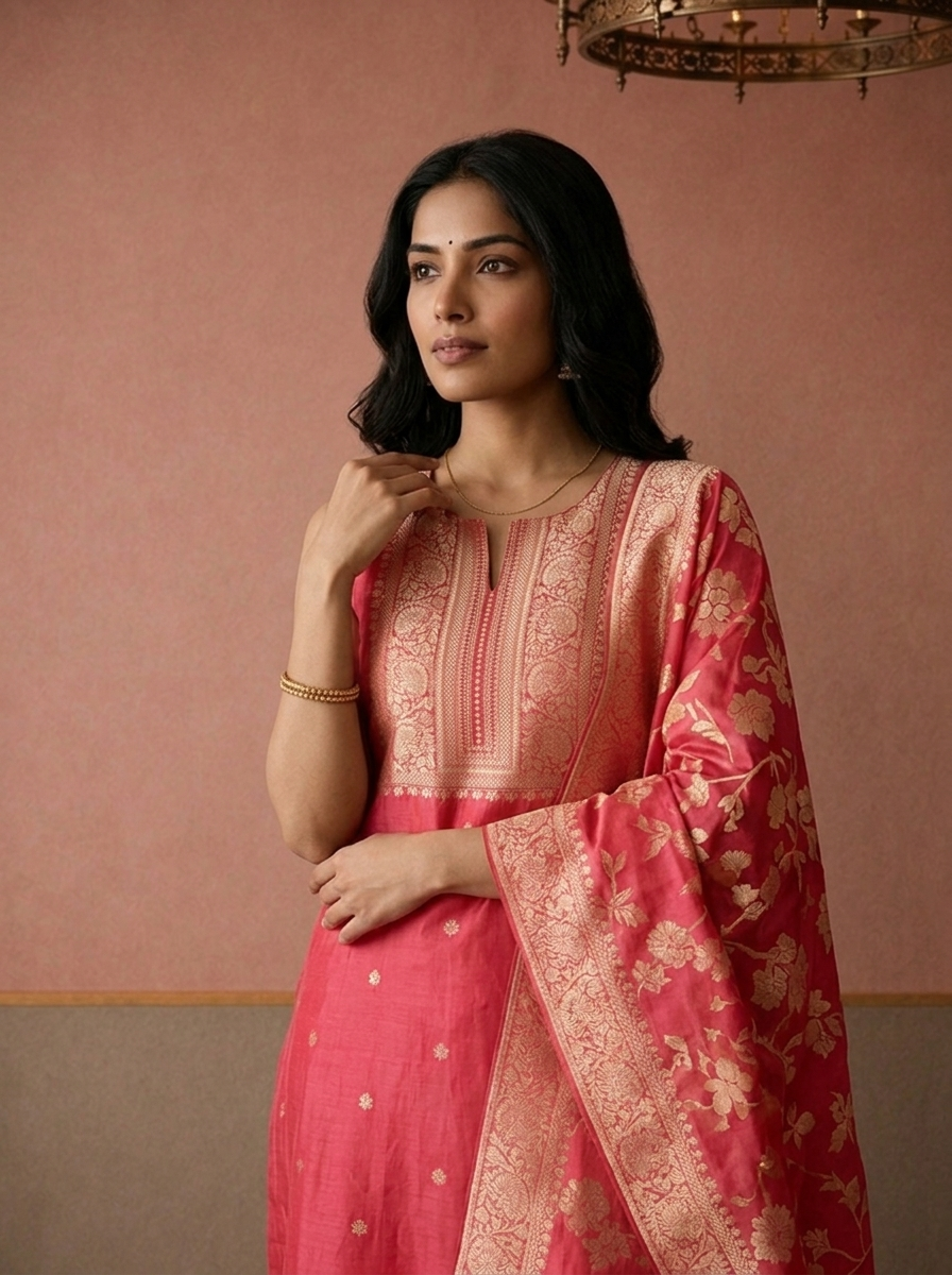 Pink Silk Zari Butta Weaved Three Piece Set