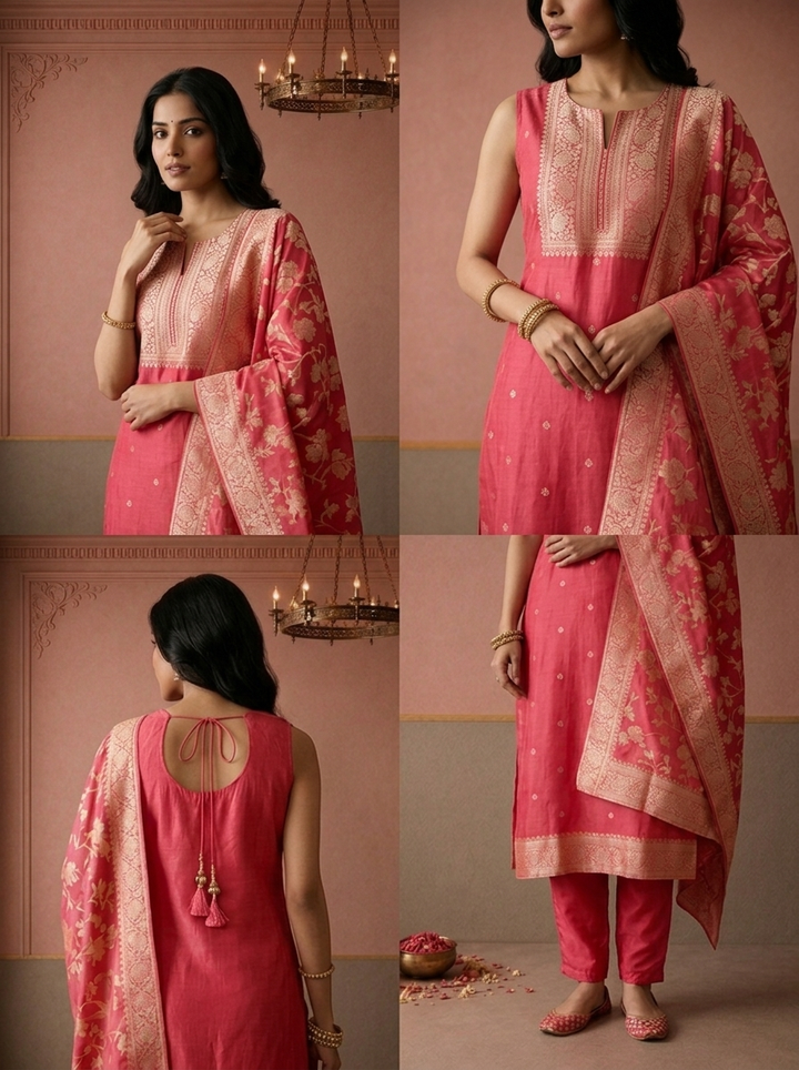 Pink Silk Zari Butta Weaved Three Piece Set