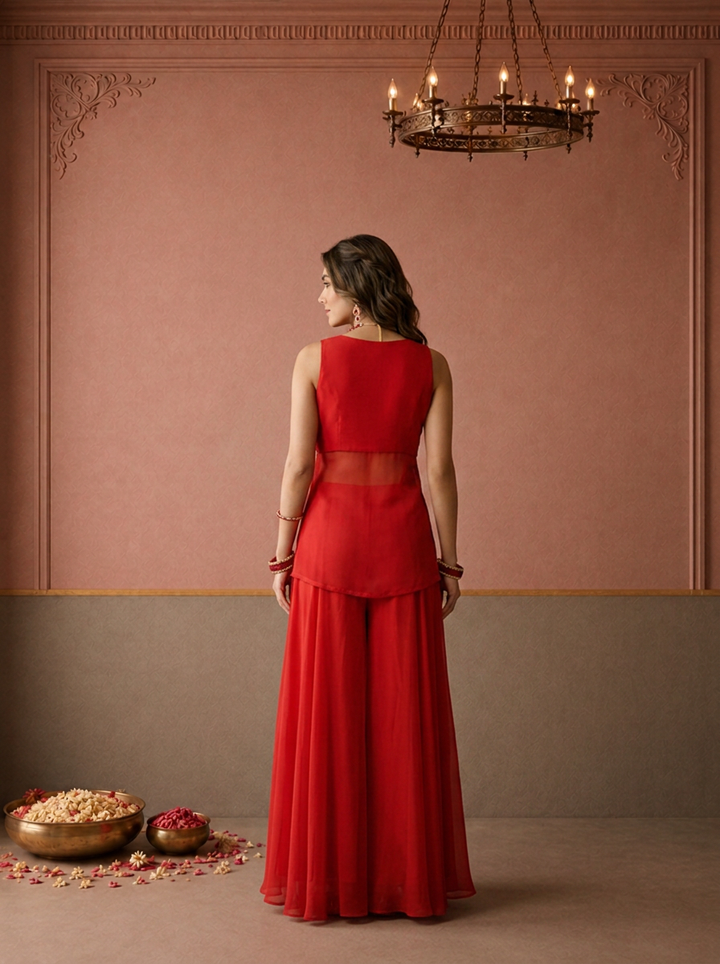 Red Georgette Cutdana Sequin Jaal Embroidered Three Piece Set
