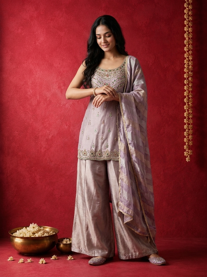 Lavender Tissue Multi-Color Stone Embroidered Three Piece Set