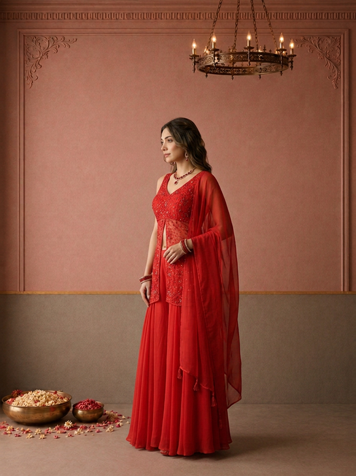 Red Georgette Cutdana Sequin Jaal Embroidered Three Piece Set