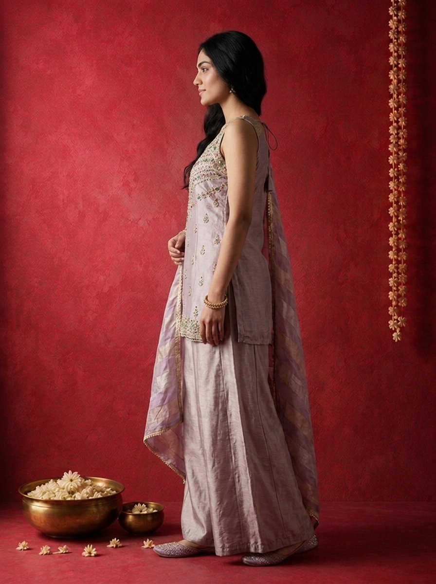 Lavender Tissue Multi-Color Stone Embroidered Three Piece Set