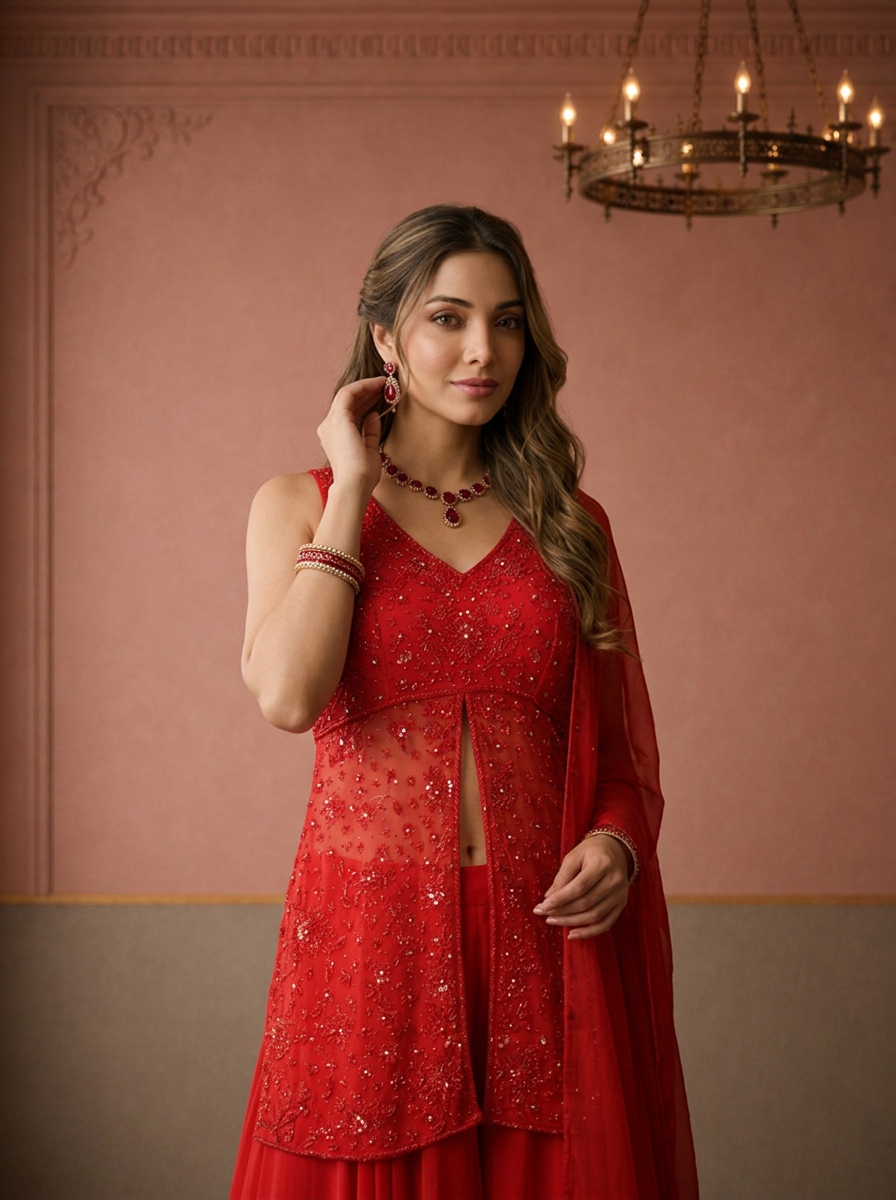 Red Georgette Cutdana Sequin Jaal Embroidered Three Piece Set