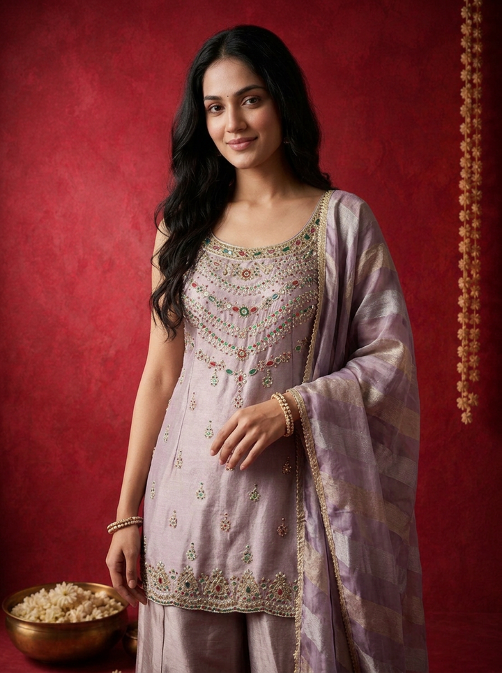 Lavender Tissue Multi-Color Stone Embroidered Three Piece Set