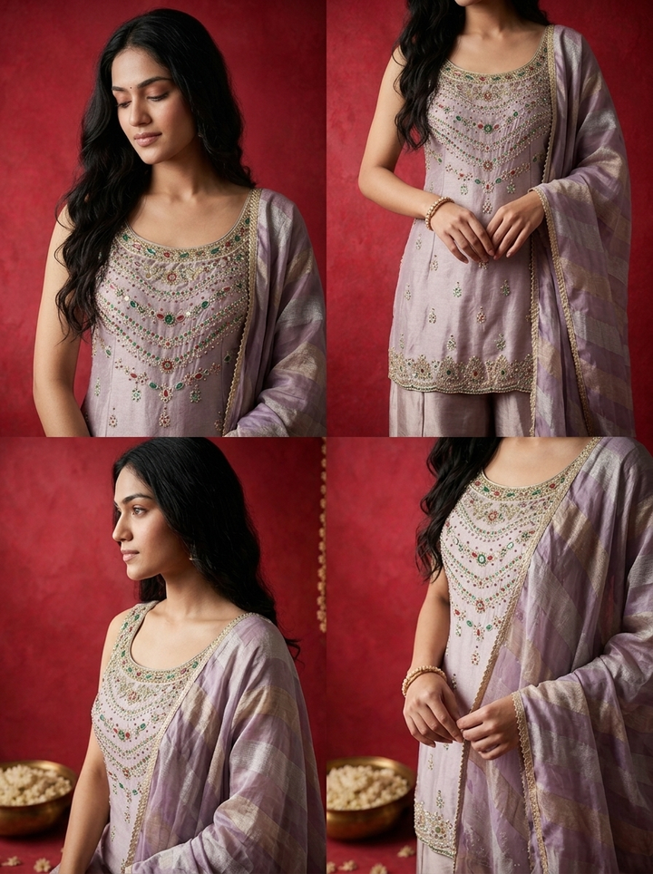 Lavender Tissue Multi-Color Stone Embroidered Three Piece Set