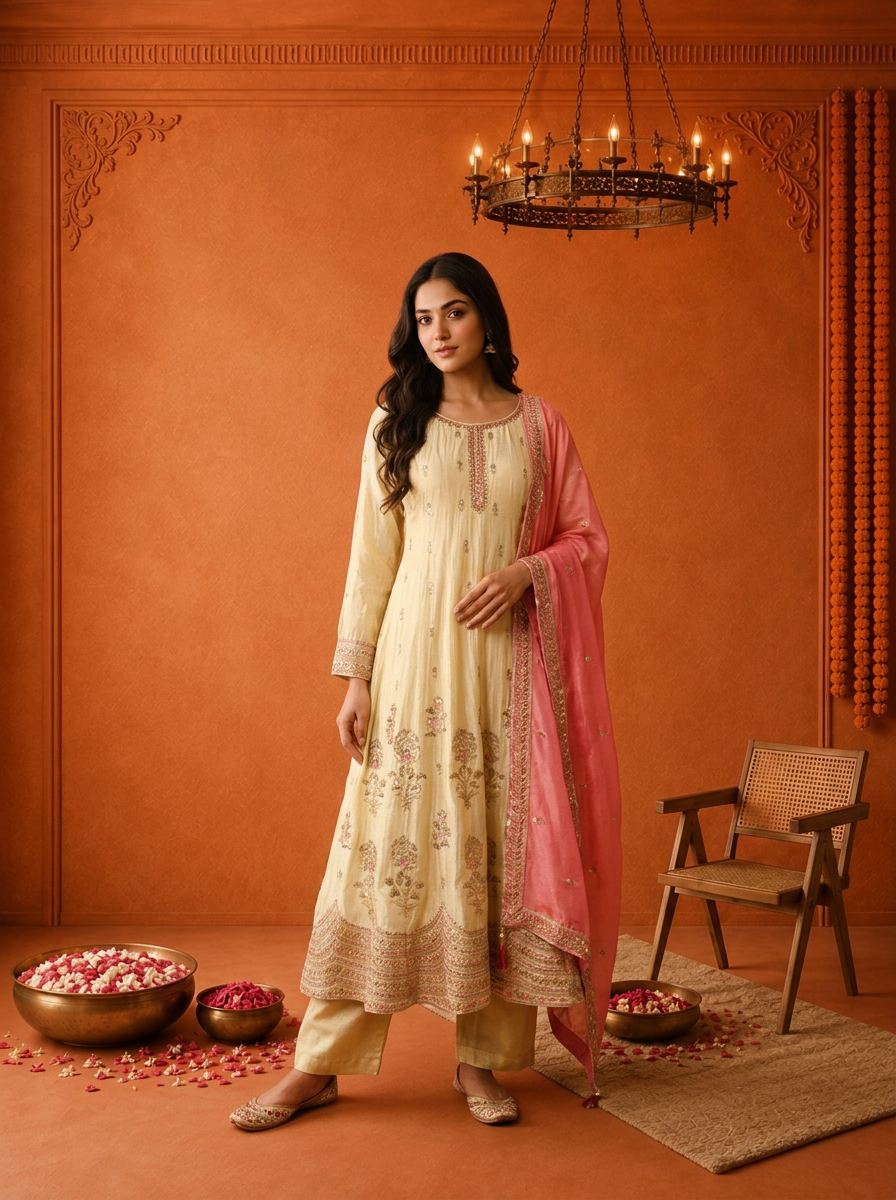 Cream Tissue Zari Floral Heavy Embroidered Three Piece Set