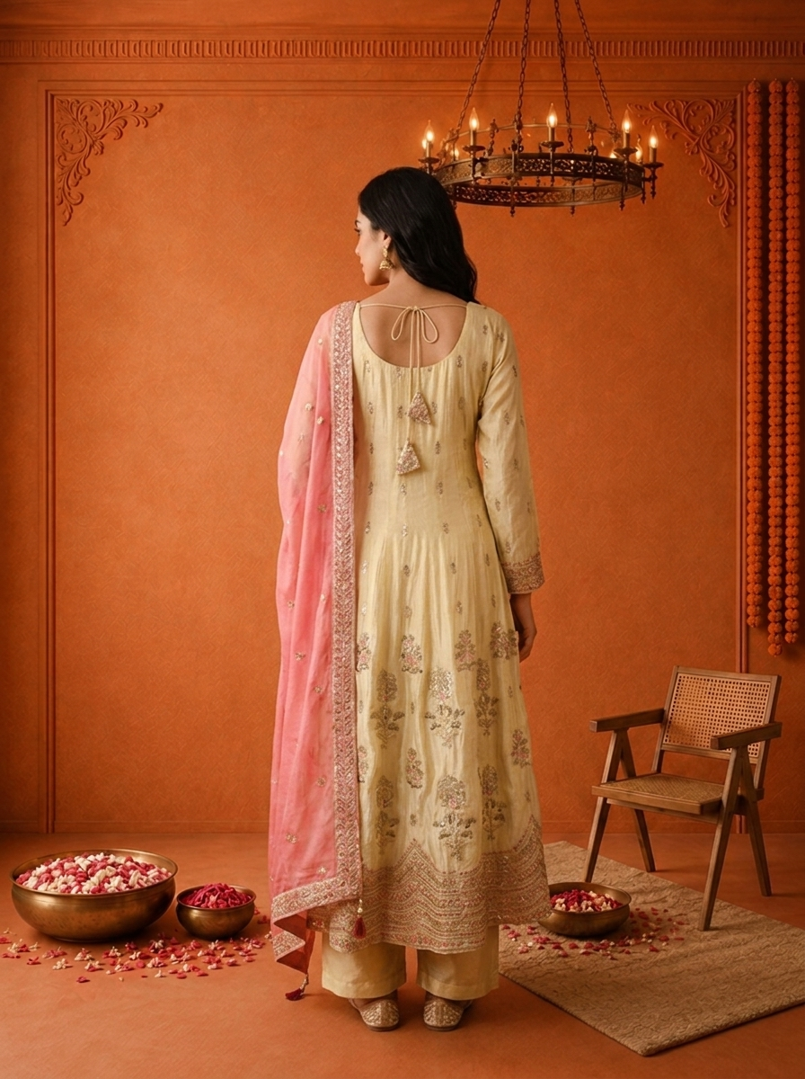 Cream Tissue Zari Floral Heavy Embroidered Three Piece Set