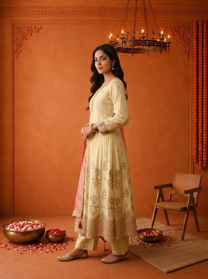 Cream Tissue Zari Floral Heavy Embroidered Three Piece Set