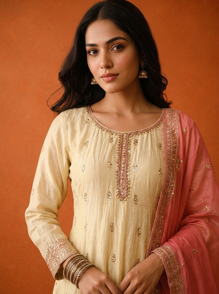 Cream Tissue Zari Floral Heavy Embroidered Three Piece Set