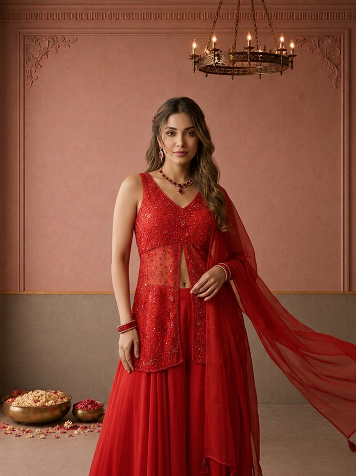 Red Georgette Cutdana Sequin Jaal Embroidered Three Piece Set