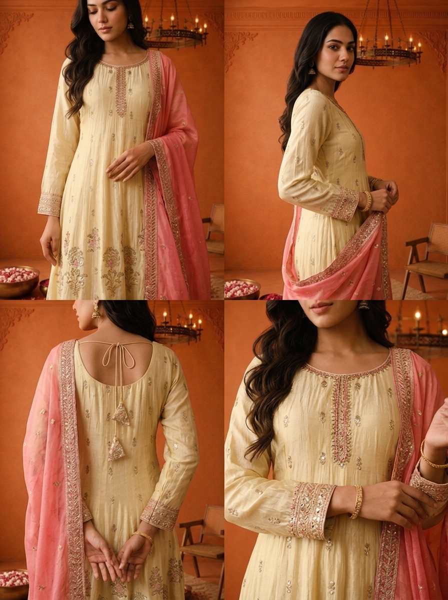Cream Tissue Zari Floral Heavy Embroidered Three Piece Set